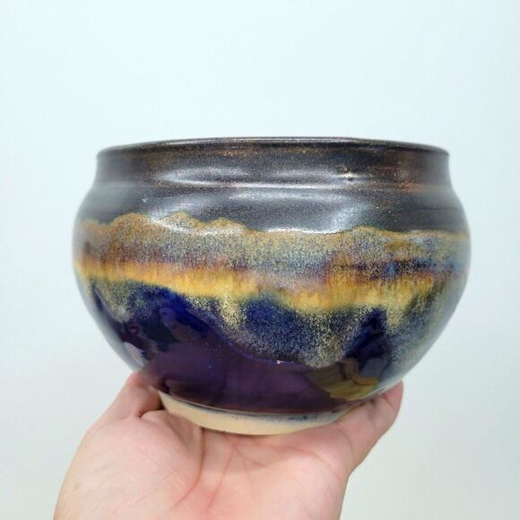Signed Studio Pottery Bowl – Fan Mark – Drip Glaze in Indigo & Earth Tones – 6.5 - Picture 4 of 11